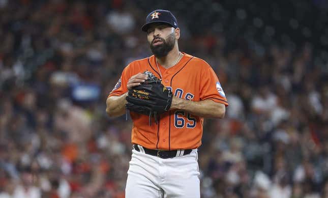 Apr 30, 2023; Houston, Texas, USA; Houston Astros starting pitcher Jose Urquidy (65) reacts during the game against the Philadelphia Phillies at Minute Maid Park.