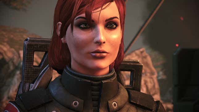 Commander Shepard looks dead-eyed into the distance on Virmire in Mass Effect Legendary Edition.