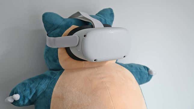 A Snorlax plushie wearing the Oculus Quest 2 headset