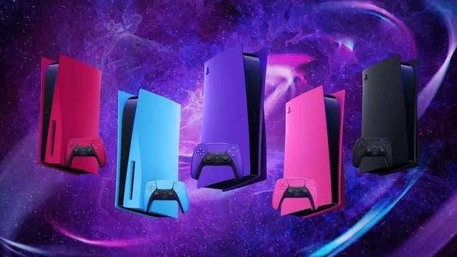 Different color PS5s hover suspended in galactic space. 
