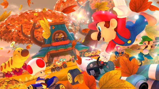 Mario and Toad race up a giant Maple tree. 