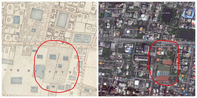 Simms map (left) and Google Maps image (right) showing Kaseabagan Muslim Cemetery.