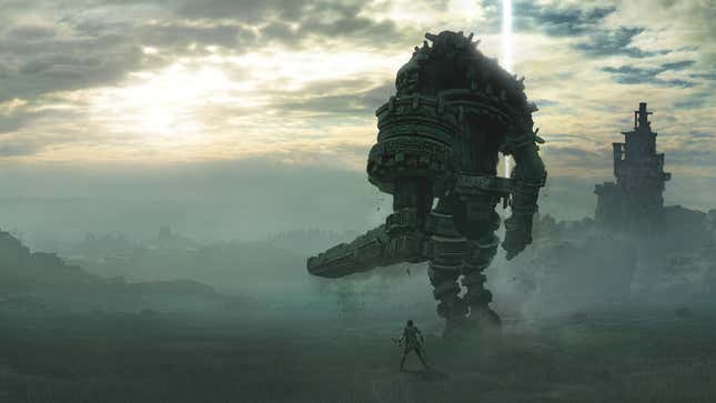 A large creature standing beside Shadow of the Colossus' protagonist. 
