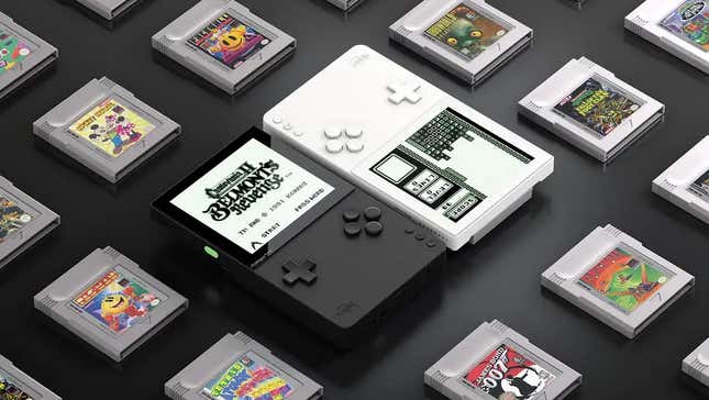 Two Analogue Pocket systems surrounded by GBA games.