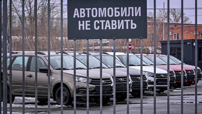 Lada automobiles stand at the parking lot of a Lada car dealership in Tolyatti, also known as Togliatti, on April 1, 2022. - For generations the Russian city of Tolyatti has been synonomous with the maker of one of the country’s best-known brands — the Lada automobile. But with the West piling sanctions on Russia over its military action in Ukraine, Tolyatti and the workers of Avtovaz are bracing for tough times. 