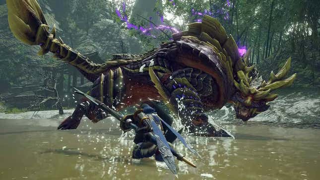 A warrior battles a monster in a pond in Monster Hunter: Rise.