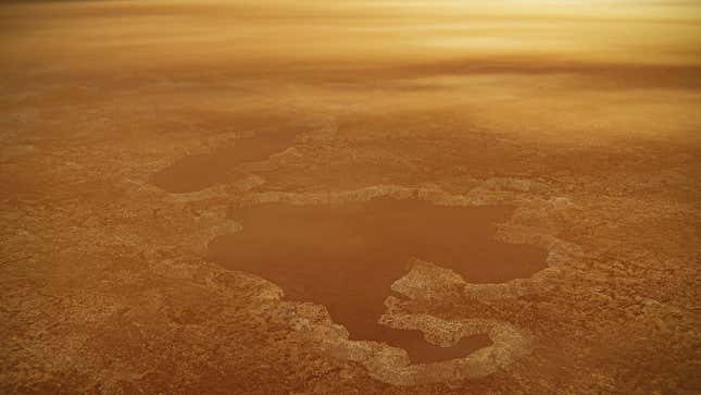 Concepto artístico de un lago de metano en el polo sur de Titán.