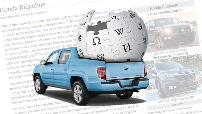 Image for article titled The Story Behind The Honda Ridgeline&#39;s Wildly, Unusually Detailed Wikipedia Page