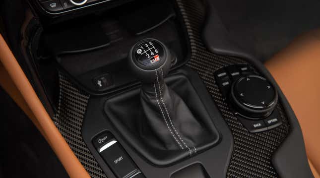 The manual transmission gearstick in a 2023 Toyota GR Supra.