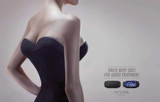 A PS Vita ad shows a woman with breasts on her back and front.