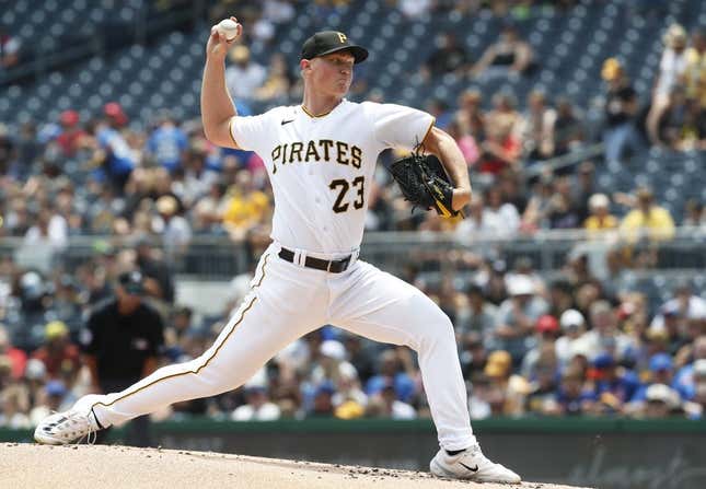 Jun 11, 2023; Pittsburgh, Pennsylvania, USA;  Pittsburgh Pirates starting pitcher Mitch Keller (23) delivers a pitch against the New York Mets during the first inning at PNC Park.