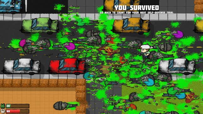 The end of a level in Acquitted, the ground covered in green zombie goo.