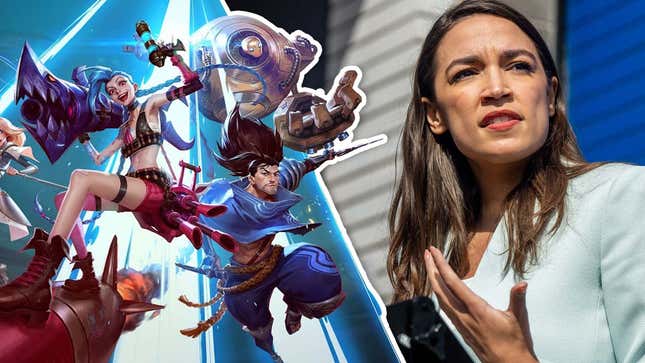 AOC stands next to some League of Legends characters.