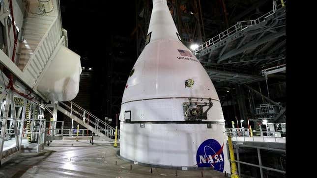 The Orion capsule stacked atop the SLS rocket inside NASA’s Vehicle Assembly Building at Kennedy Space Center in Florida.