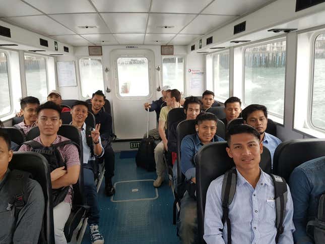 The crew returns from filing for legal aid.