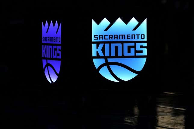 Oct 9, 2022; Sacramento, California, USA; Sacramento Kings logos are displayed at center court before the game against the Portland Trail Blazers at Golden 1 Center.