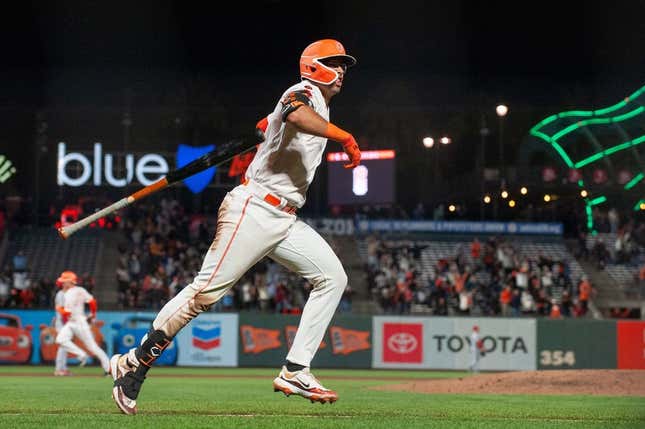 Apr 25, 2023; San Francisco, California, USA;  San Francisco Giants catcher Blake Sabol (2) motions to the crowd after hitting a walk off home run during the ninth inning against the St. Louis Cardinals at Oracle Park.