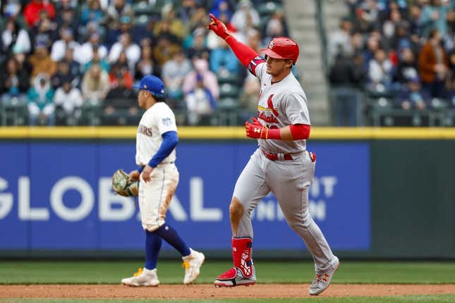 Apr 23, 2023; Seattle, Washington, USA; St. Louis Cardinals second baseman Nolan Gorman (16) runs the bases after hitting a three-run home run against the Seattle Mariners during the fourth inning at T-Mobile Park.