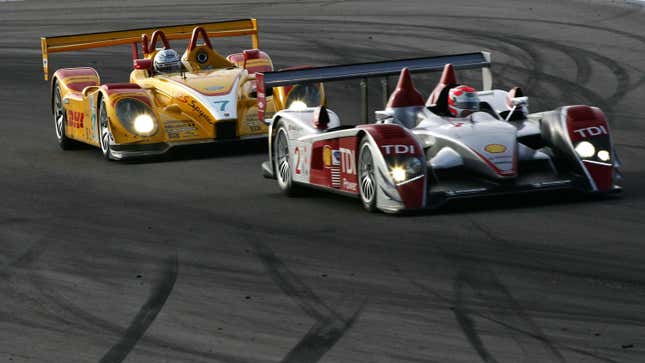 A Penske Porsche RS (left) and an Audi R10 TDI (right) dueling during the 2007 ALMS Utah Grand Prix.