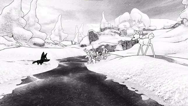 A screenshot from  Casus Ludi's narrative adventure game Blanc, showing a wolf cub and a fawn against a monochromatic, frosty environment.