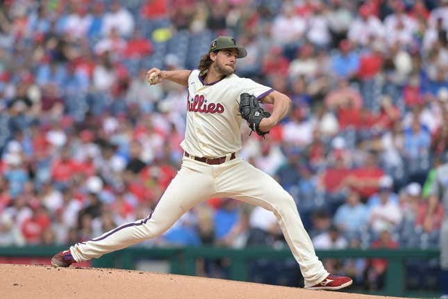 May 20, 2023; Philadelphia, Pennsylvania, USA; Philadelphia Phillies starting pitcher Aaron Nola (27) pitches in the first inning of the game against the Chicago Cubs at Citizens Bank Park.