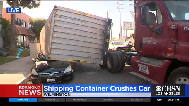 A cargo container crushes a car in Wilmington, Los Angeles
