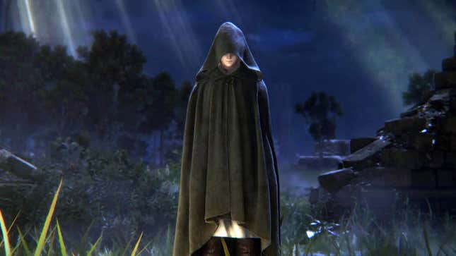 Elden Ring's Melina is standing in the center of the image, cloaked in her black hooded garb.
