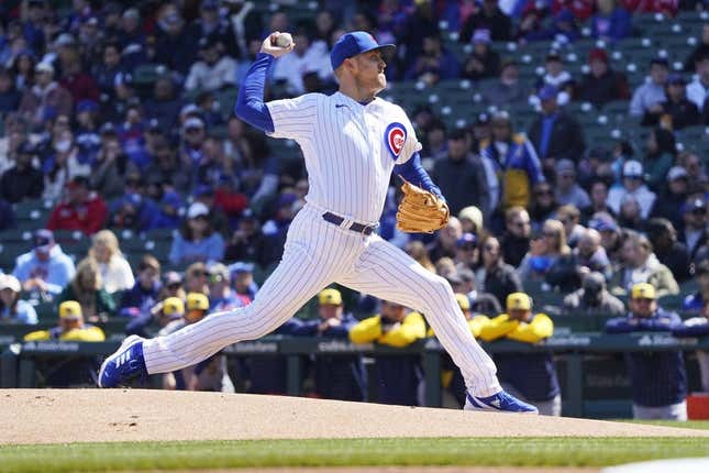 Apr 2, 2023; Chicago, Illinois, USA; Chicago Cubs starting pitcher Jameson Taillon (50) throws the ball against the Milwaukee Brewers during the first inning at Wrigley Field.