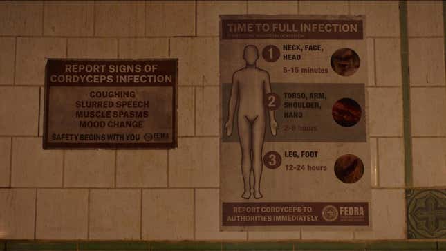 Signs on a hospital wall detail the time to full infection from cordyceps in a scene from HBO's The Last of Us.