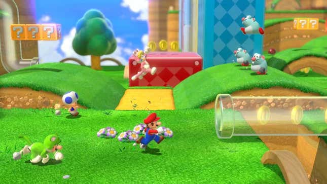 Mario, Luigi, Peach, and Toad are seen running through a green forest level with mouse-like enemies in the background.