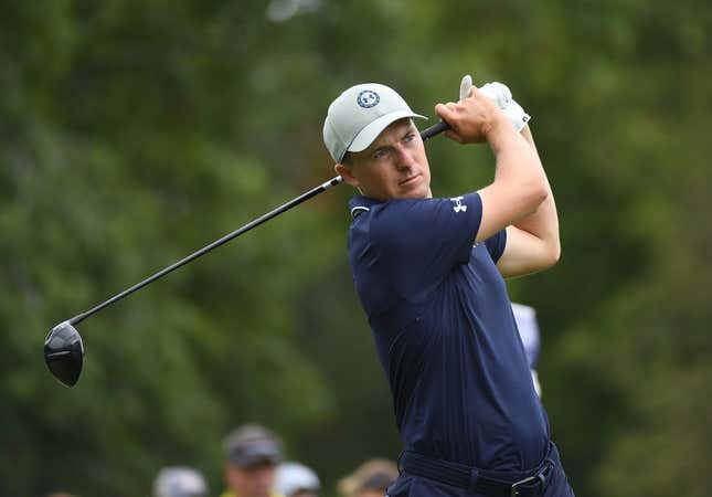 Aug 10, 2023; Memphis, Tennessee, USA; Jordan Spieth hits his tee shot on the second hole during the first round of the FedEx St. Jude Championship golf tournament.