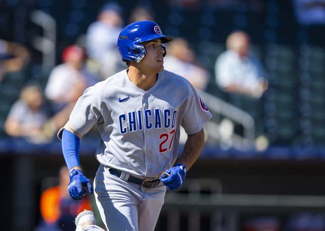 Oct 26, 2022; Surprise, Arizona, USA; Chicago Cubs first baseman Matt Mervis plays for the Mesa Solar Sox during an Arizona Fall League baseball game at Surprise Stadium.