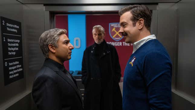Nick Mohammed, Anthony Head, and Jason Sudeikis in season three of Ted Lasso