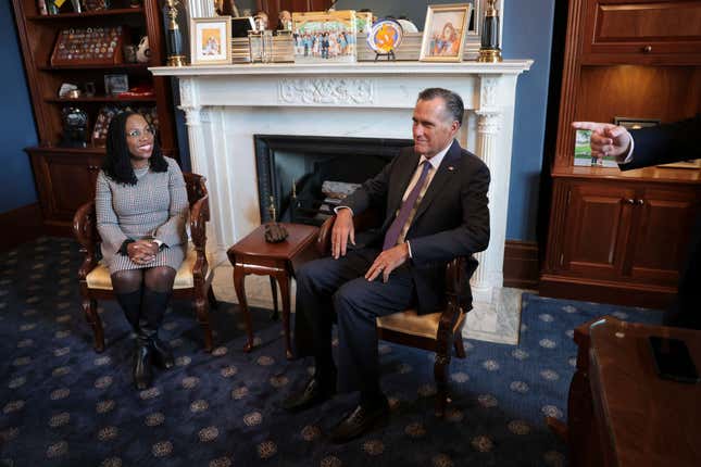 U.S. Sen. Mitt Romney (R-UT) (R) meets with U.S. Supreme Court nominee Ketanji Brown Jackson (L) on Capitol Hill on March 29, 2022, in Washington, DC. 
