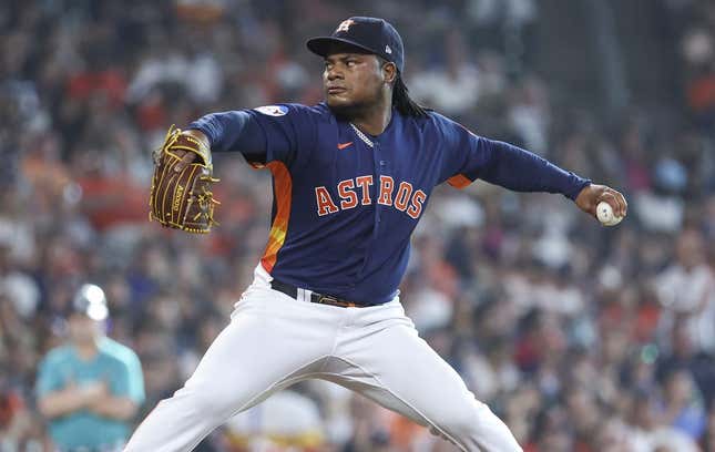 Jul 8, 2023; Houston, Texas, USA; Houston Astros starting pitcher Framber Valdez (59) delivers a pitch during the first inning against the Seattle Mariners at Minute Maid Park.