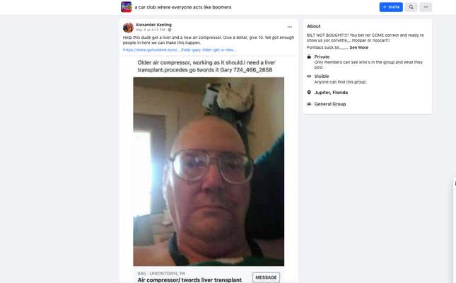 Image for article titled Boomer Selling Air Compressor To Fund Liver Transplant Gets Huge Donation From Members Of Ridiculous Car Facebook Group That Makes Fun Of Boomers