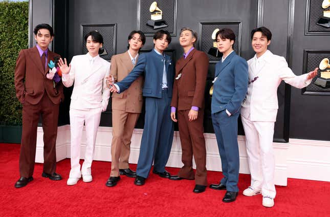 BTS attends the 64th Annual GRAMMY Awards at MGM Grand Garden Arena on April 03, 2022 in Las Vegas, Nevada.