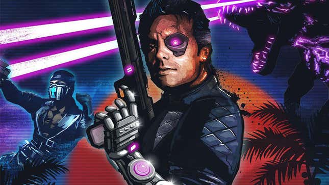 The cyborg protagonist from Far Cry 3: Blood Dragon with a big pistol and neon-pink eye. 