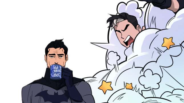 Batman drinks coffee from a "World's Okayest Father" mug while Jason Todd fights over a cookie in a cloud of dust and stars from Batman: Wayne Family Adventures.