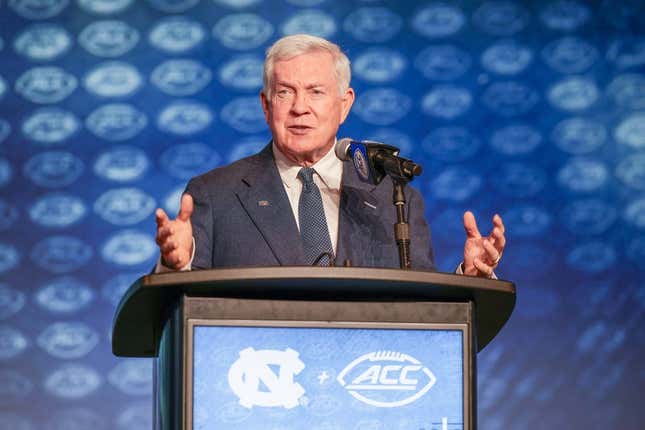 Jul 27, 2023; Charlotte, NC, USA; UNC head coach Mack Brown answers questions from the media during the ACC 2023 Kickoff at The Westin Charlotte.