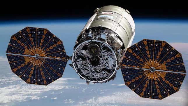 Northrop Grummans’s Cygnus space freighter with its cymbal-shaped UltraFlex solar arrays.