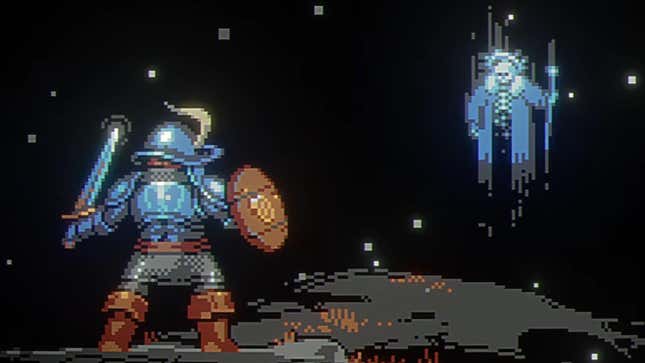 Loop Hero's armor-clad warrior faces down a skeleton mage in the void. 