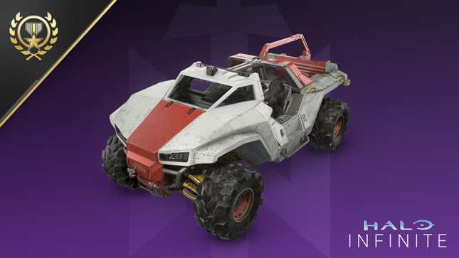 A warthog sporting the "alabaster cognac" vehicle skin in Halo Infinite floats against a purple background.