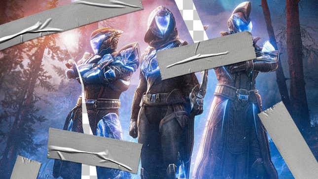 Pieces of duct tape hold together a ripped screenshot of Destiny 2 players. 
