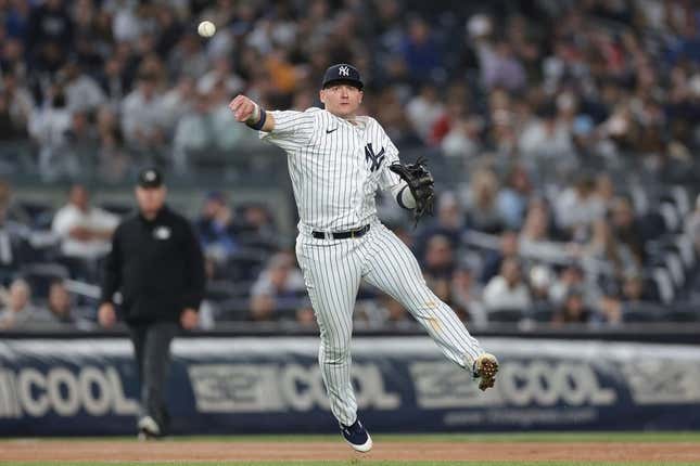 Apr 4, 2023; Bronx, New York, USA; New York Yankees third baseman Josh Donaldson (28) throws the ball to first base for an out during the eighth inning against the Philadelphia Phillies at Yankee Stadium.