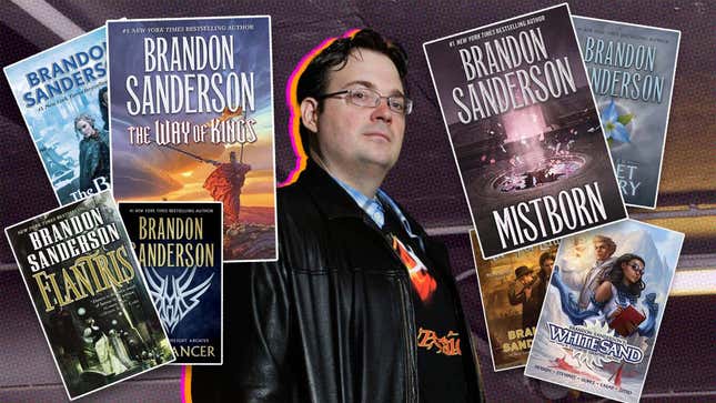 Brandon Sanderson stands with a background of his book covers.
