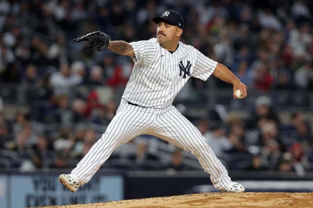 Apr 3, 2023; Bronx, New York, USA; New York Yankees starting pitcher Nestor Cortes (65) pitches against the Philadelphia Phillies during the second inning at Yankee Stadium.
