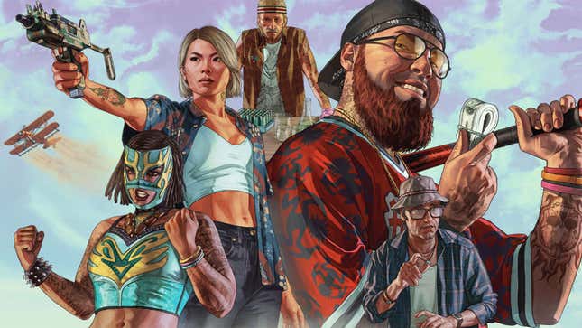 GTA Online characters hold weapons and cash. 