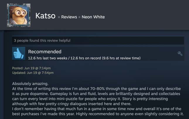 Image for article titled Neon White’s Steam Reviews Are Horny As Hell
