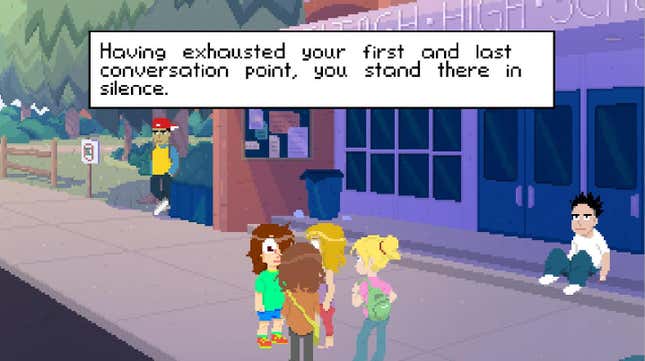 Illustrated teens stand in front of their school arguing.